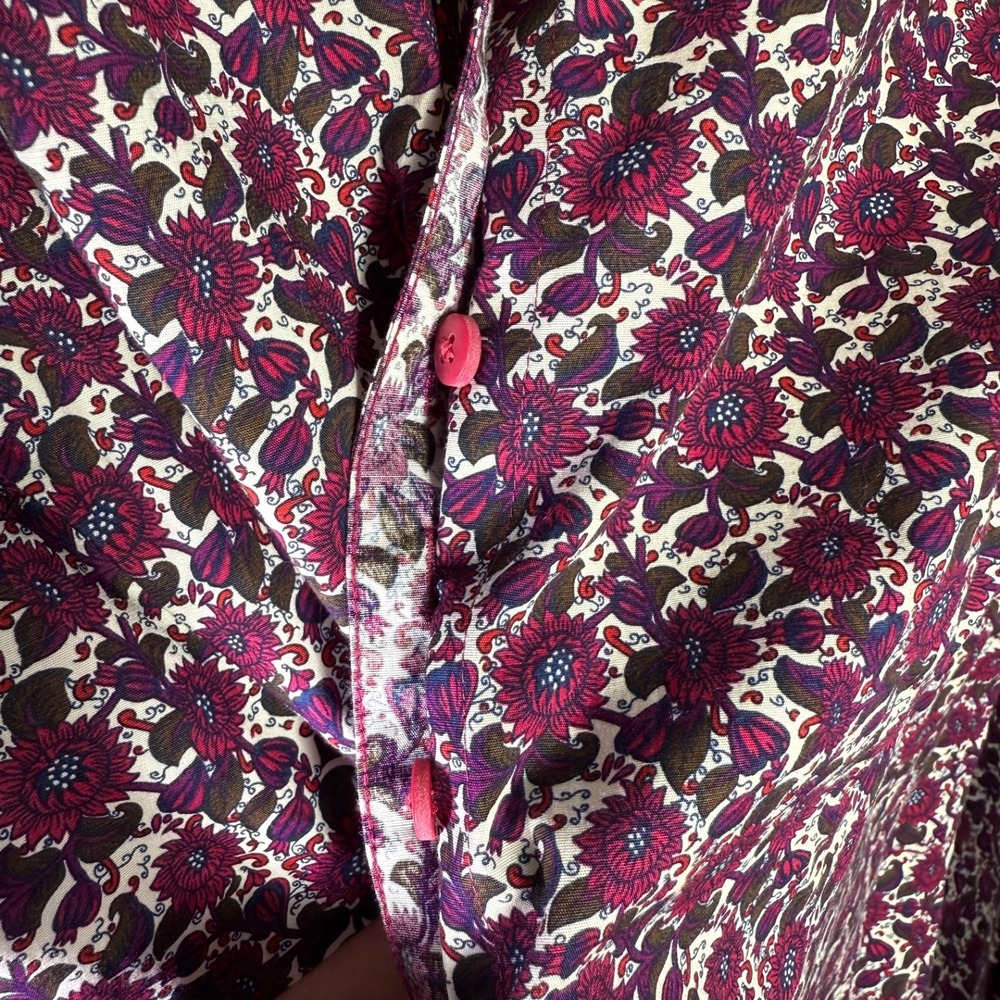 Duluth Trading Co Womens Burgundy Floral Button Up Tunic Blouse L Cotton Stretch - Picture 10 of 11